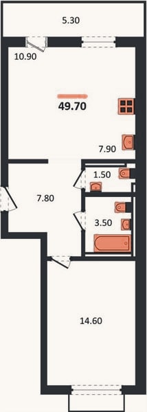 Планировка: 1-к, 49,7 м²