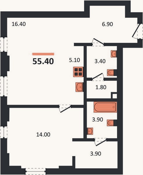 Планировка: 1-к, 55,4 м²