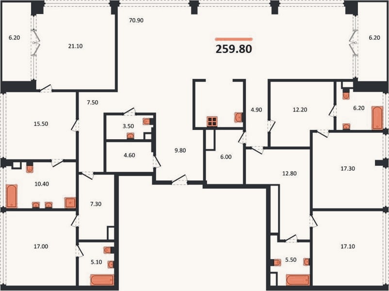 Планировка: 4+ к, 259,8 м²