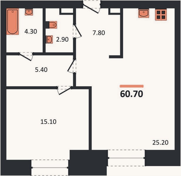 Планировка: 1-к, 60,7 м²