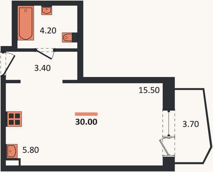 Планировка: Студия, 30 м²