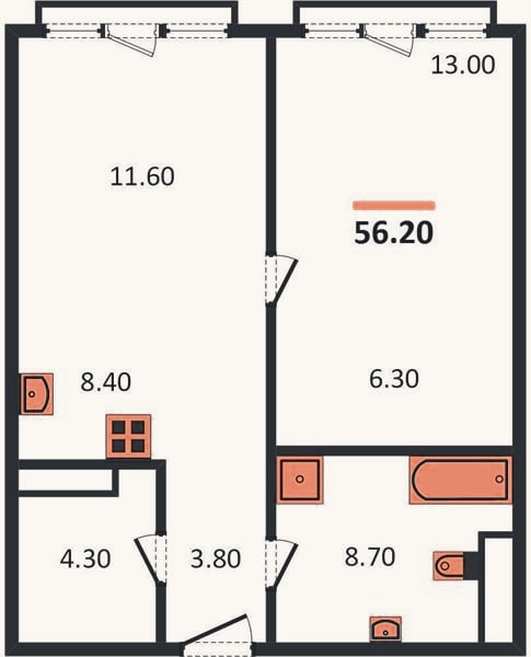 Планировка: 1-к, 56,2 м²