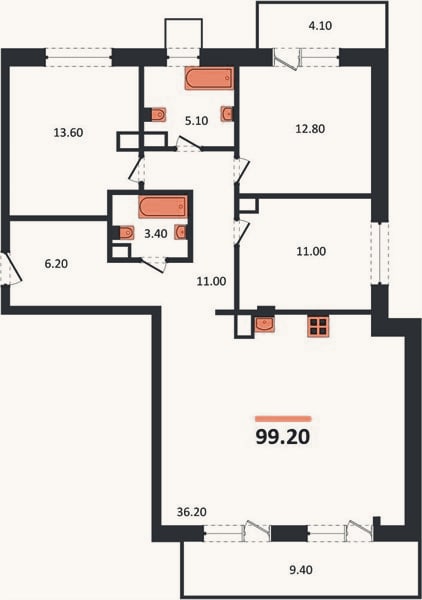 Планировка: 3-к, 99,2 м²