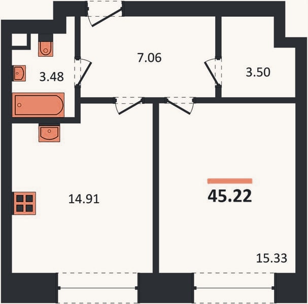 Планировка: 1-к, 45,2 м²