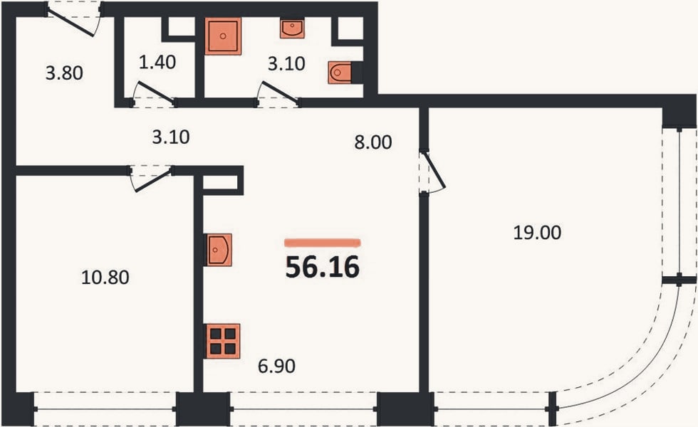 Планировка: 2-к, 56,2 м²