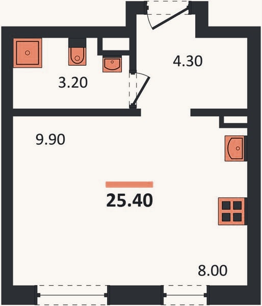Планировка: Студия, 25,4 м²