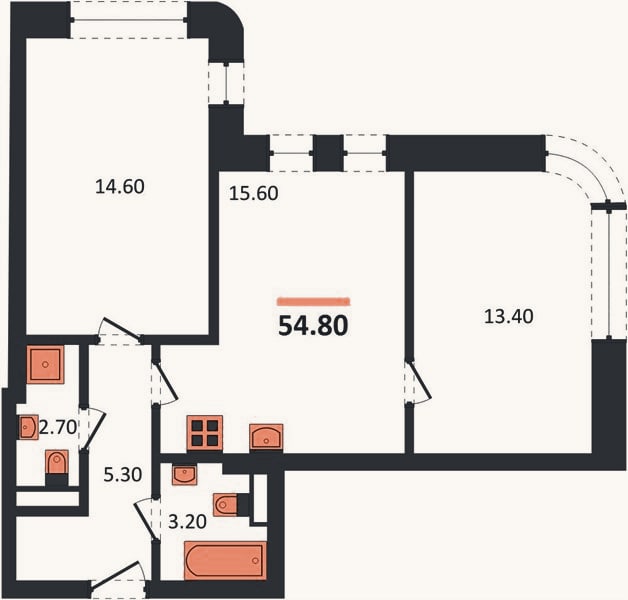 Планировка: 2-к, 54,8 м²
