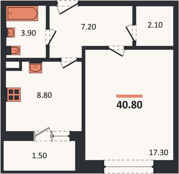 Планировка: 1-к, 40,8 м²
