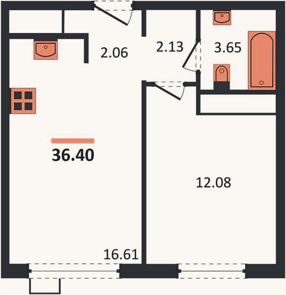 Планировка: 1-к, 36,4 м²