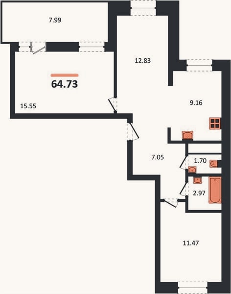 Планировка: 2-к, 64,7 м²
