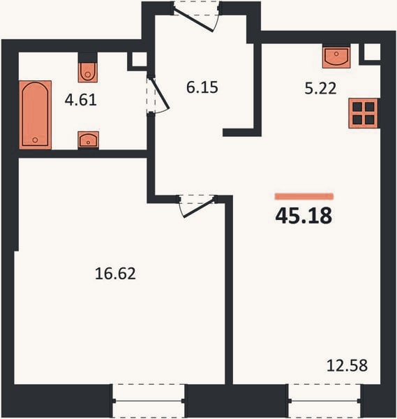 Планировка: 1-к, 45,2 м²