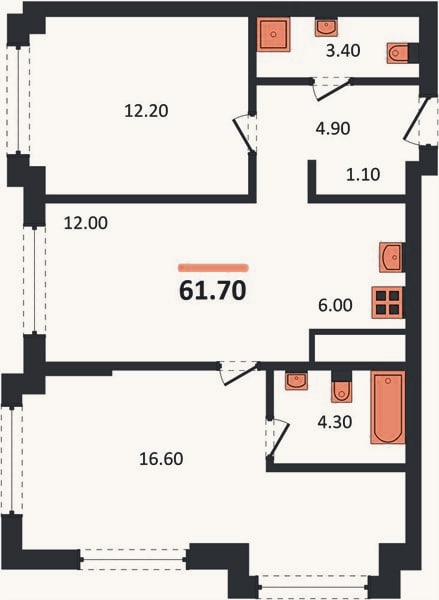 Планировка: 2-к, 60,5 м²