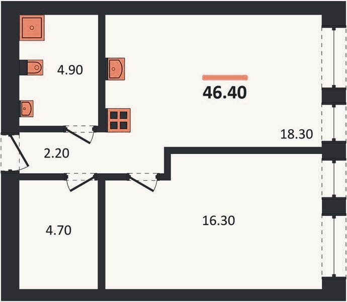 Планировка: 1-к, 46,4 м²