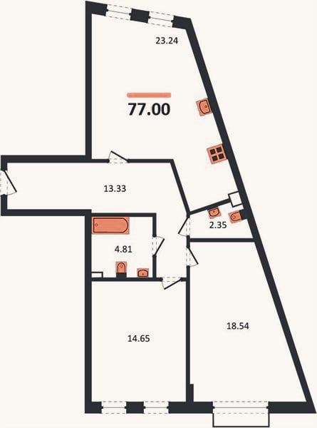 Планировка: 2-к, 77 м²