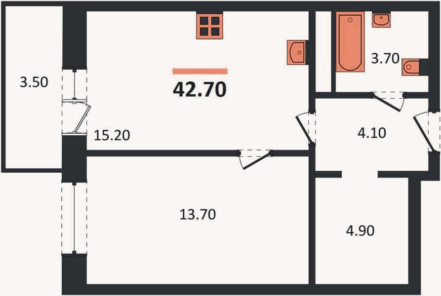 Планировка: 1-к, 42,7 м²