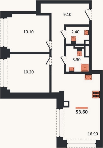 Планировка: 2-к, 53,6 м²