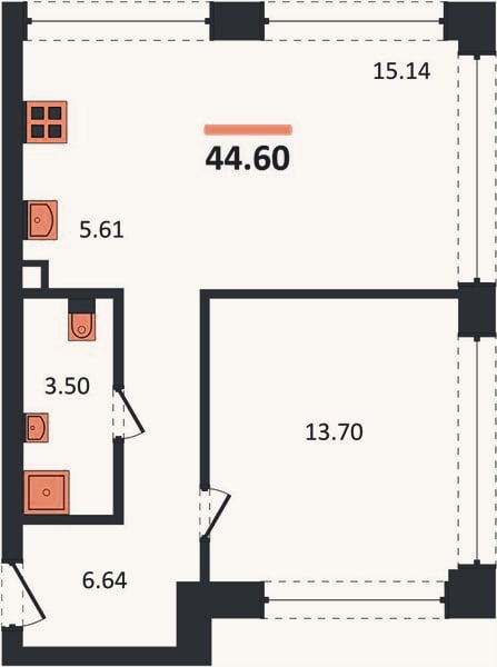 Планировка: 1-к, 44,6 м²