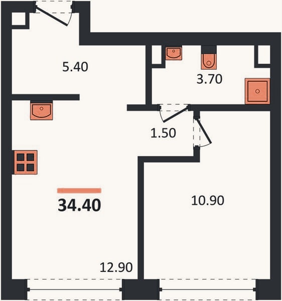 Планировка: 1-к, 34,8 м²