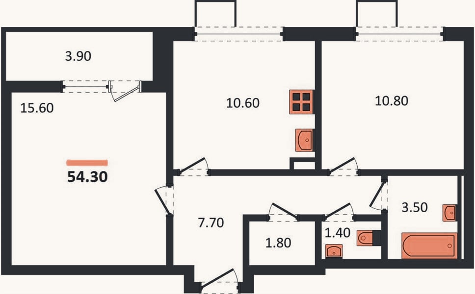 Планировка: 2-к, 54,3 м²