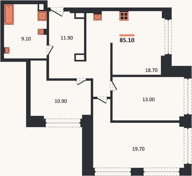 Планировка: 3-к, 85,1 м²