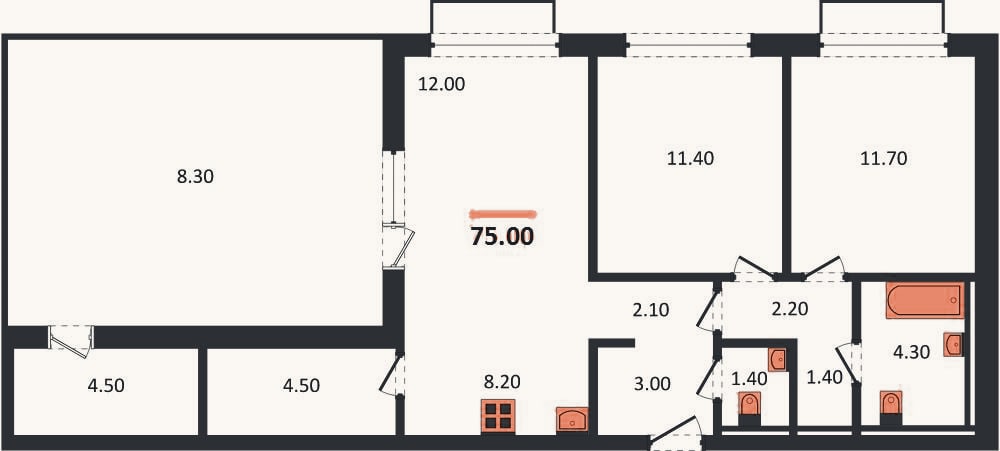 Планировка: 2-к, 75 м²