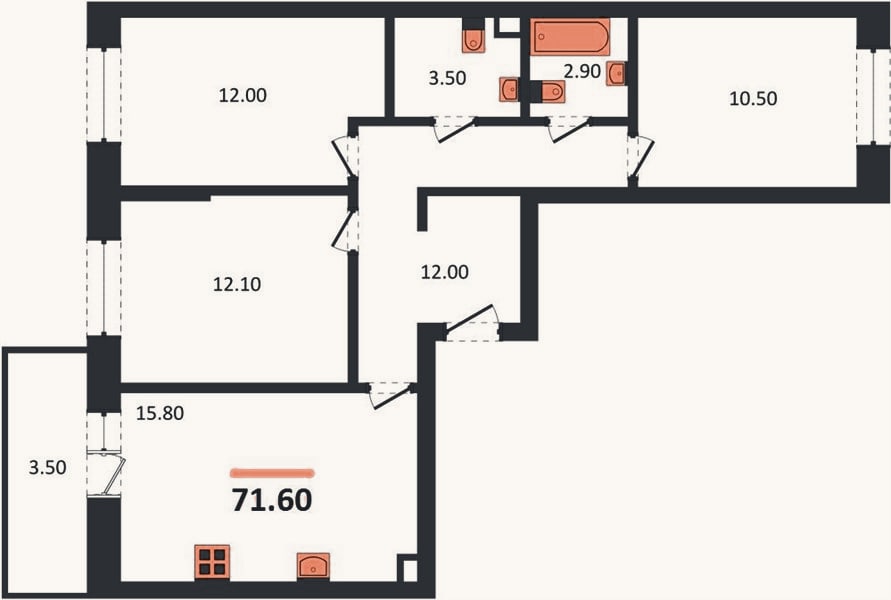 Планировка: 3-к, 71,6 м²