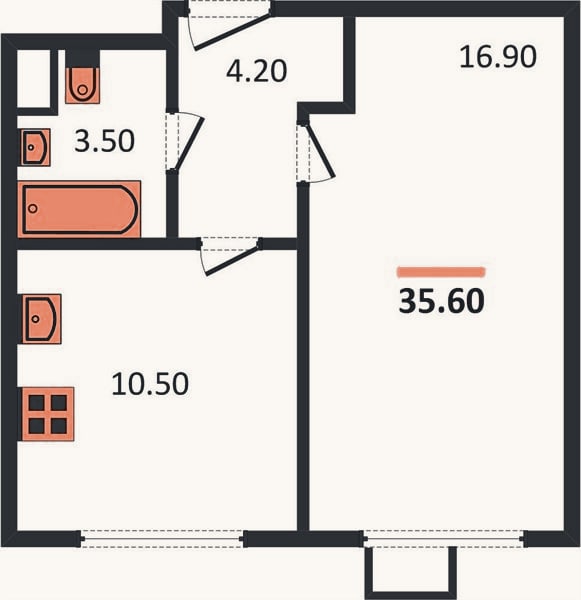 Планировка: 1-к, 35,6 м²