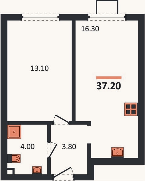Планировка: 1-к, 37,2 м²