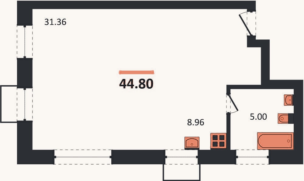 Планировка: Студия, 44,8 м²