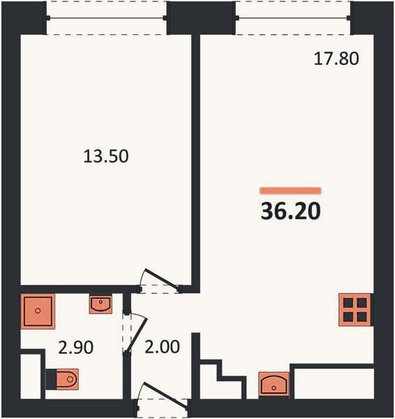 Планировка: 1-к, 36,2 м²