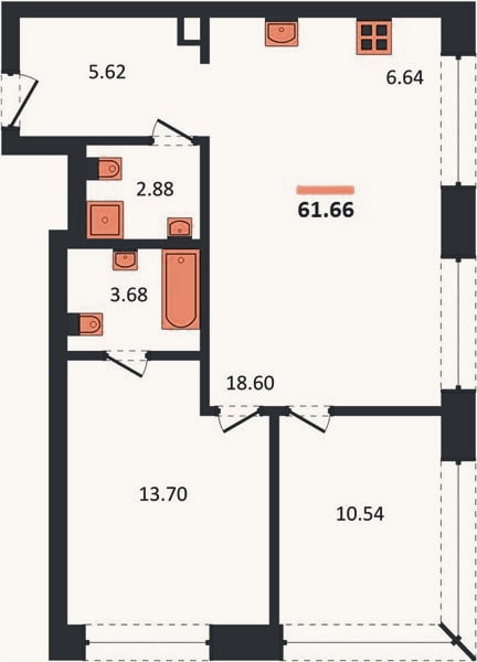Планировка: 2-к, 61,7 м²