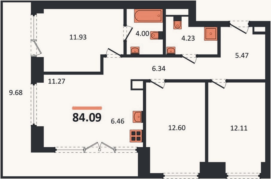 Планировка: 3-к, 84,1 м²