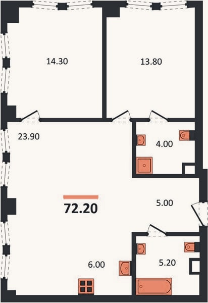 Планировка: 2-к, 72,2 м²
