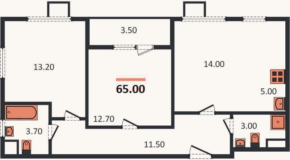 Планировка: 2-к, 65 м²