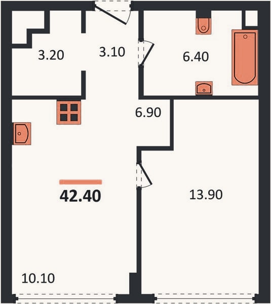 Планировка: 1-к, 42,4 м²