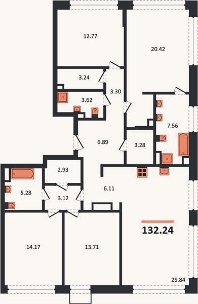 Планировка: 4+ к, 132,2 м²