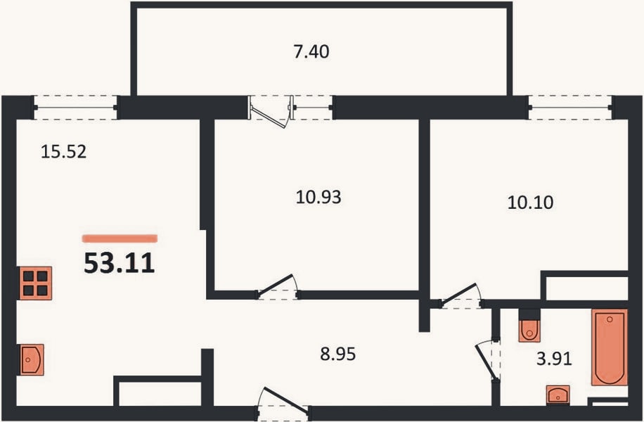 Планировка: 2-к, 53,1 м²