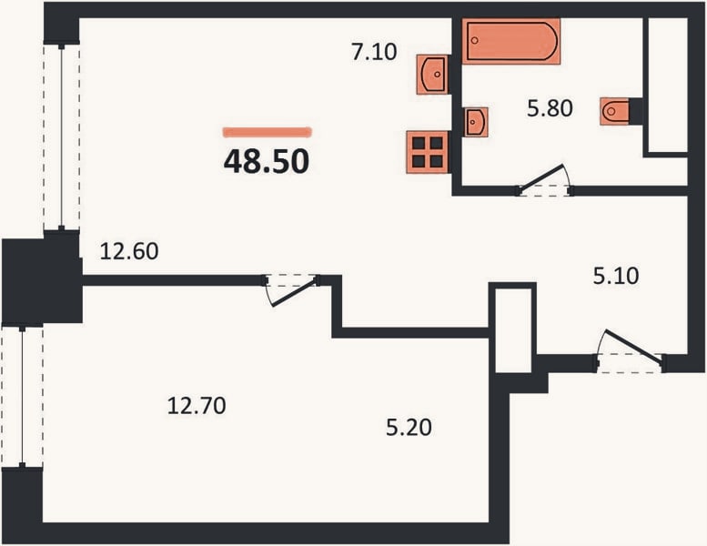 Планировка: 1-к, 48,5 м²