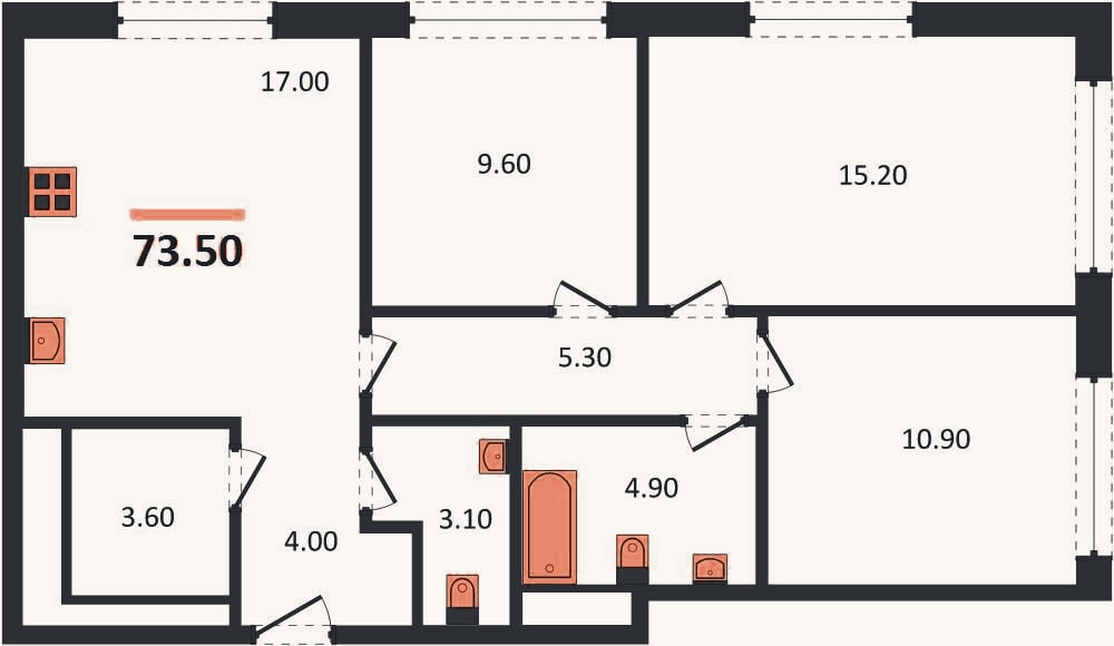 Планировка: 3-к, 72,7 м²