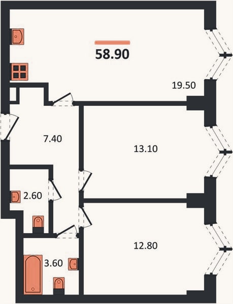 Планировка: 2-к, 58,9 м²