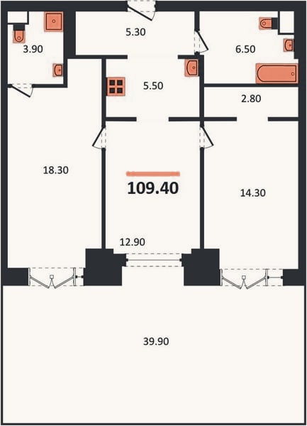 Планировка: 2-к, 109,4 м²