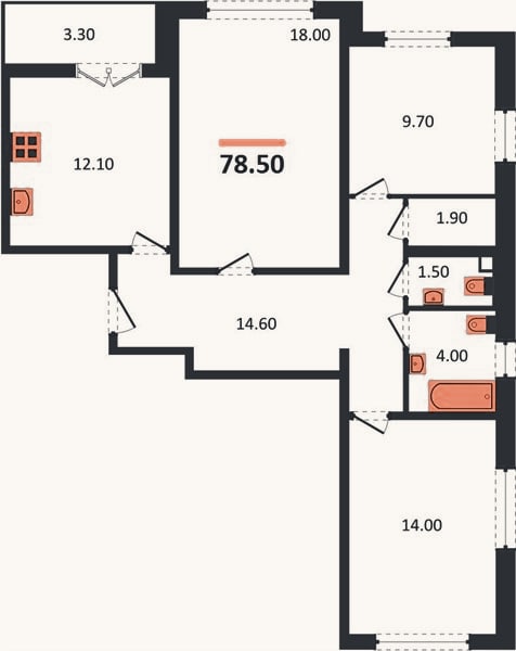 Планировка: 3-к, 78,5 м²