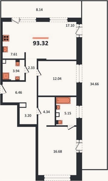 Планировка: 2-к, 93,3 м²