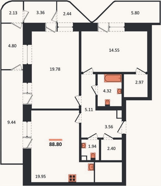 Планировка: 2-к, 88,8 м²