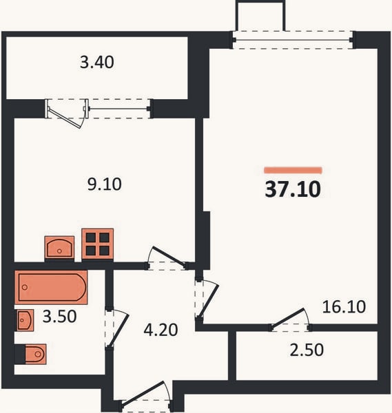 Планировка: 1-к, 37,1 м²