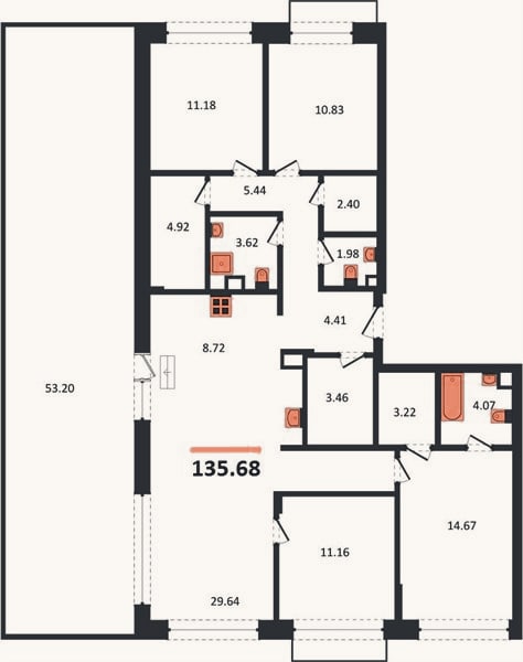 Планировка: 4+ к, 135,7 м²