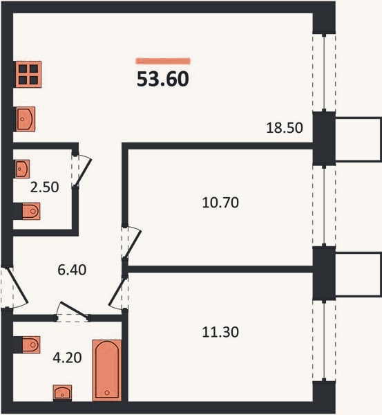 Планировка: 2-к, 53,6 м²
