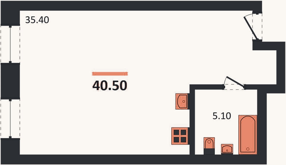 Планировка: Студия, 40,5 м²