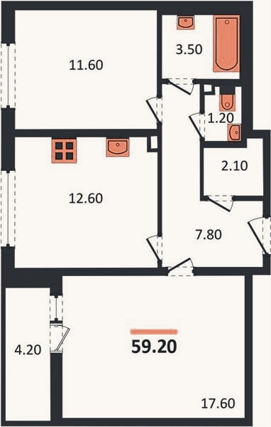 Планировка: 2-к, 59,2 м²