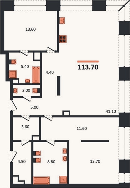 Планировка: 2-к, 113,7 м²